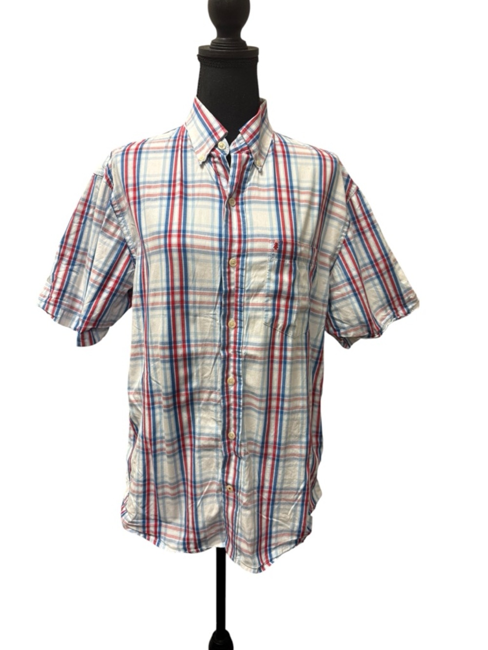 IZOD Blue Red Plaid Button Down Shirt Medium Cotton Short Sleeve Classic